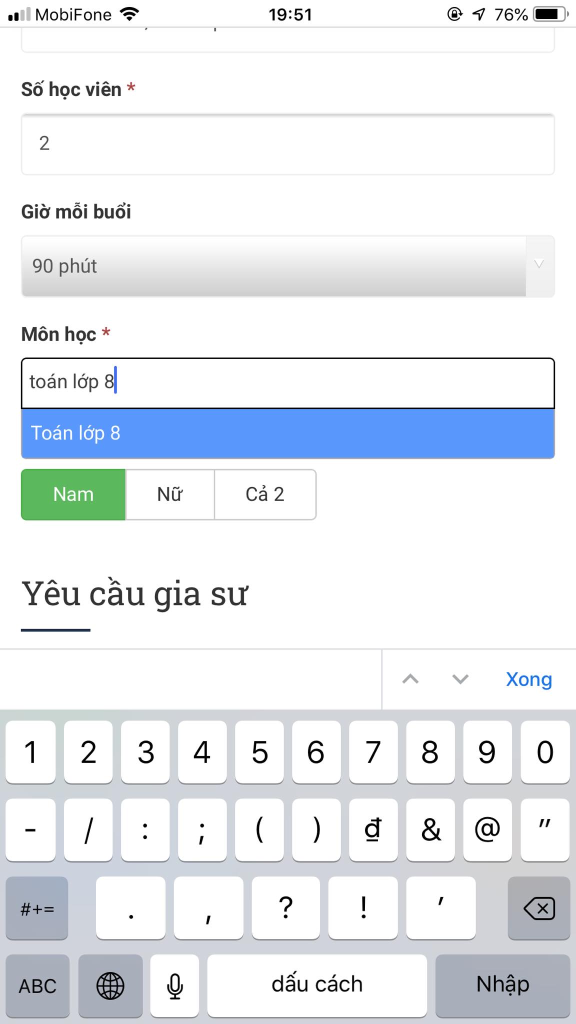 Học phí Toán lớp 8